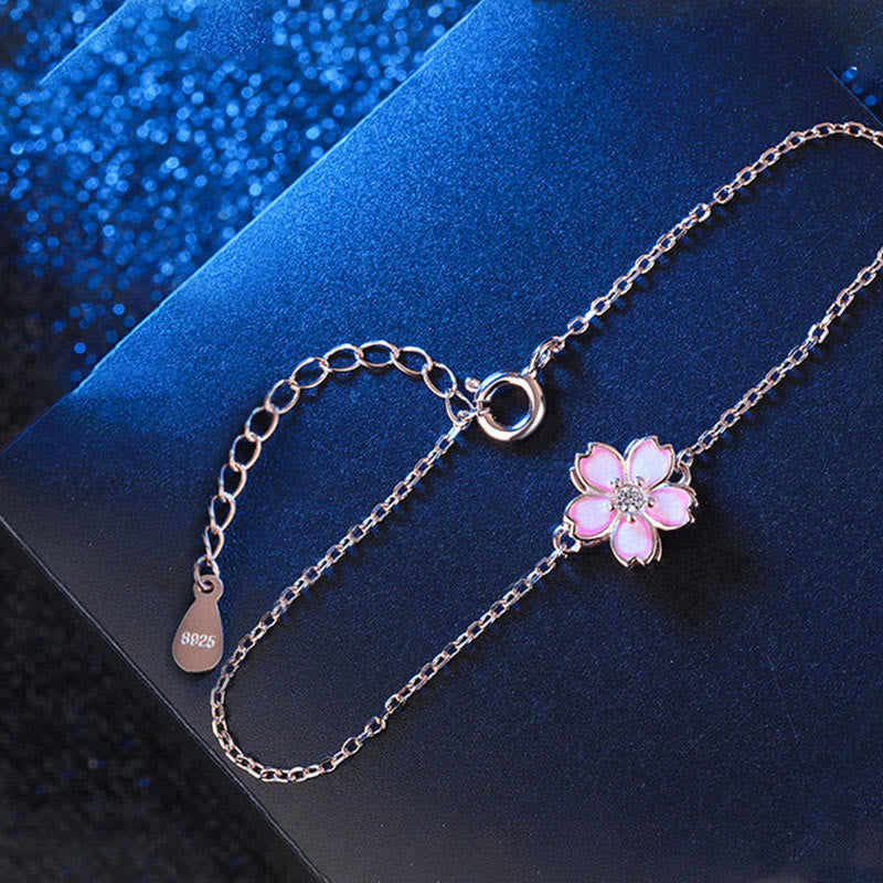 Fortune Jewel 925 Sterling Silver Cherry Blossom Blessing Chain Bracelet Rotatable Ring