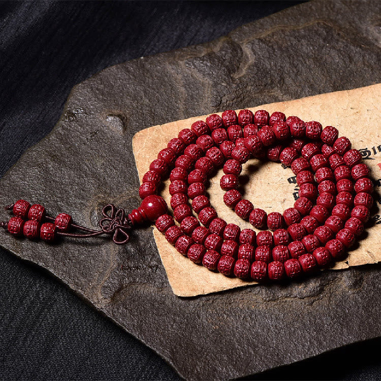 Fortune Jewel 108 Mala Beads Cinnabar Om Mani Padme Hum Pattern Engraved Blessing Bracelet
