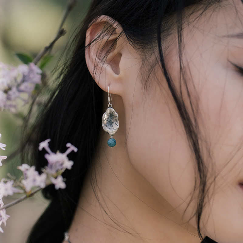 Fortune Jewel 925 Sterling Silver Turquoise Lotus Leaf Protection Drop Dangle Earrings