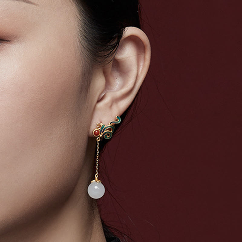 Fortune Jewel Vintage White Jade Red Agate Bead Blessing Drop Dangle Earrings