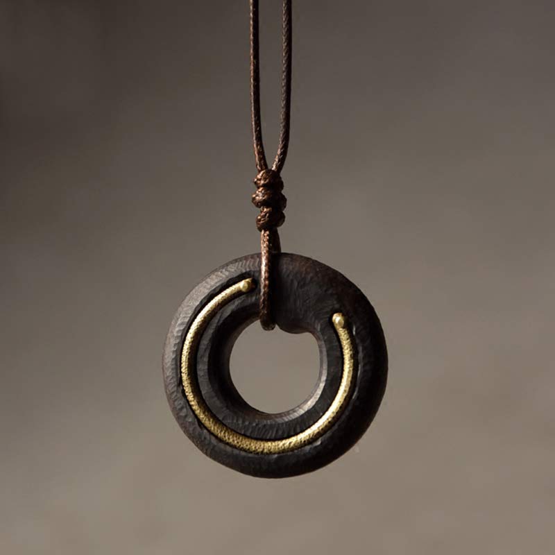 Fortune Jewel Zen Circle Ebony Wood Peace Calm Necklace Pendant Fortune Jewel