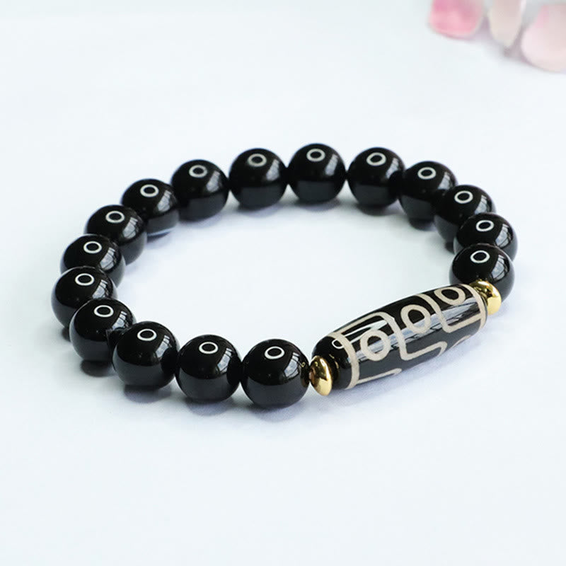 Fortune Jewel Tibetan Nine-Eye Dzi Bead Black Onyx Power Bracelet