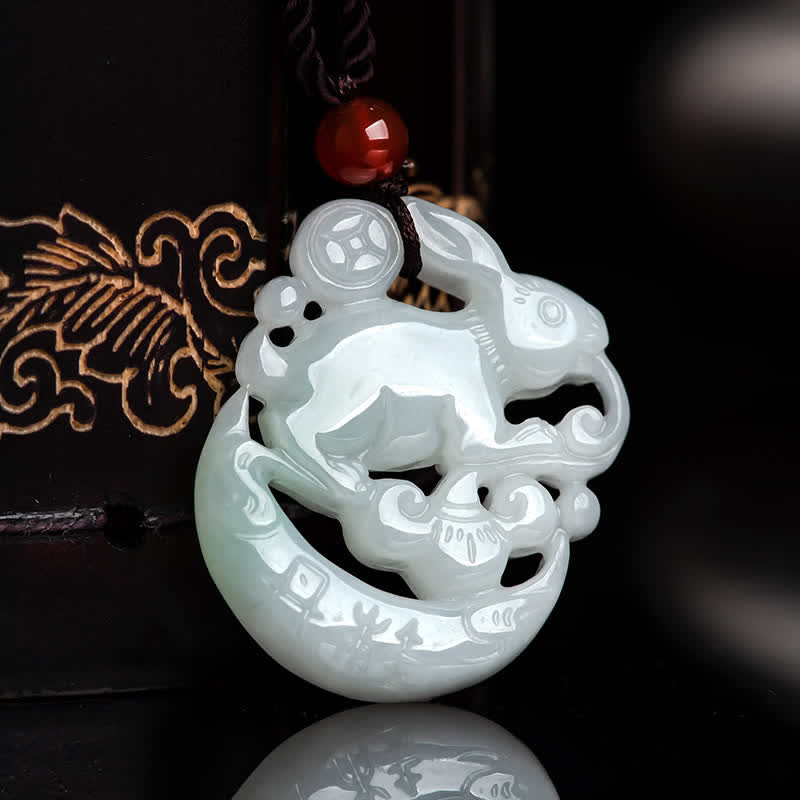 Fortune Jewel Year of the Rabbit White Jade Crescent Moon Protection Necklace Pendant