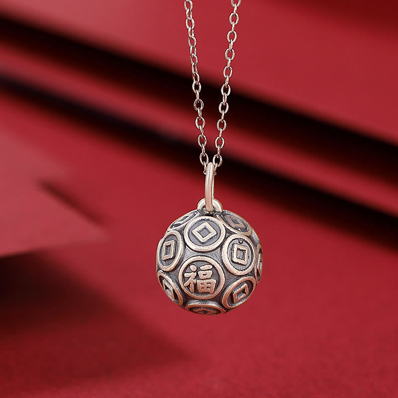 Fortune Jewel 990 Sterling Silver Fu Character Copper Coin Luck Fortune Chain Necklace Pendant