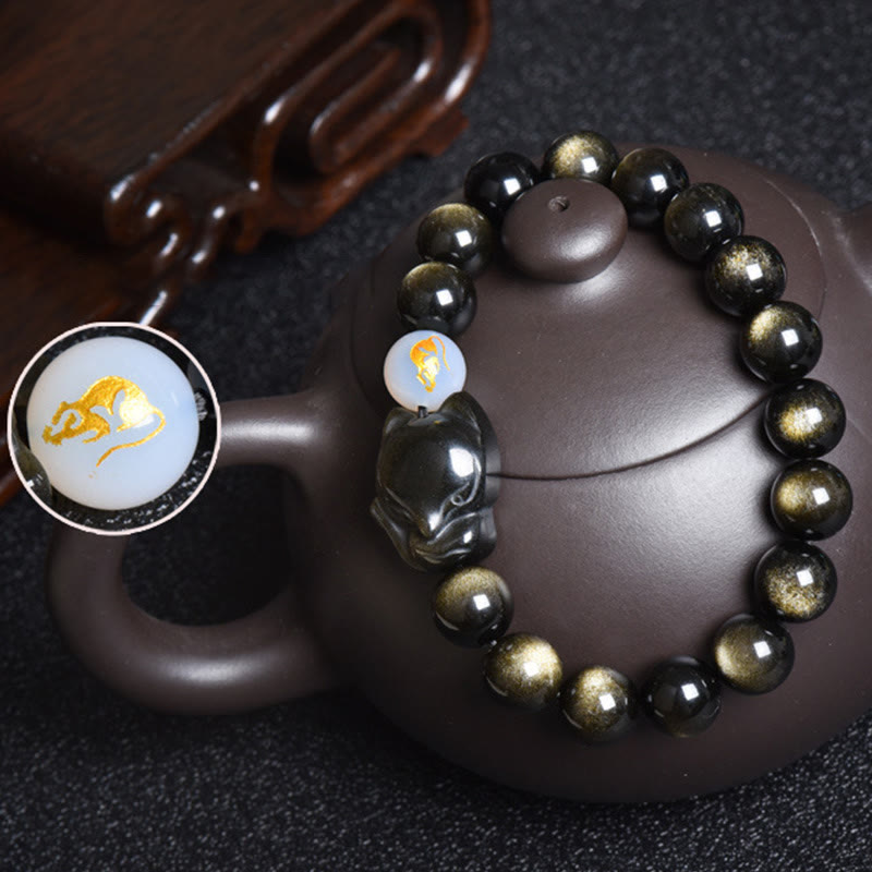 Fortune Jewel Natural Rainbow Obsidian Gold Sheen Obsidian Silver Sheen Obsidian Fox Healing Bracelet