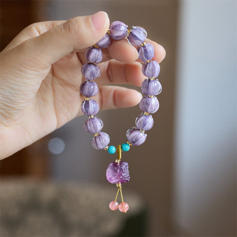 Fortune Jewel Liuli Glass Bead Lotus Design Fluorite Ivory Fruit Dancing Lion Charm Enlightenment Bracelet