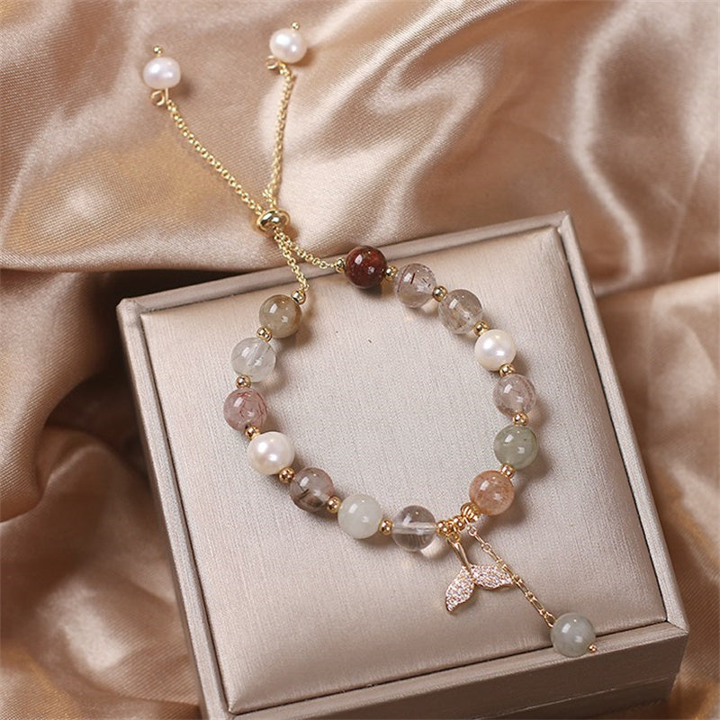Fortune Jewel Strawberry Quartz Rutilated Quartz Fishtail Charm Healing Bracelet