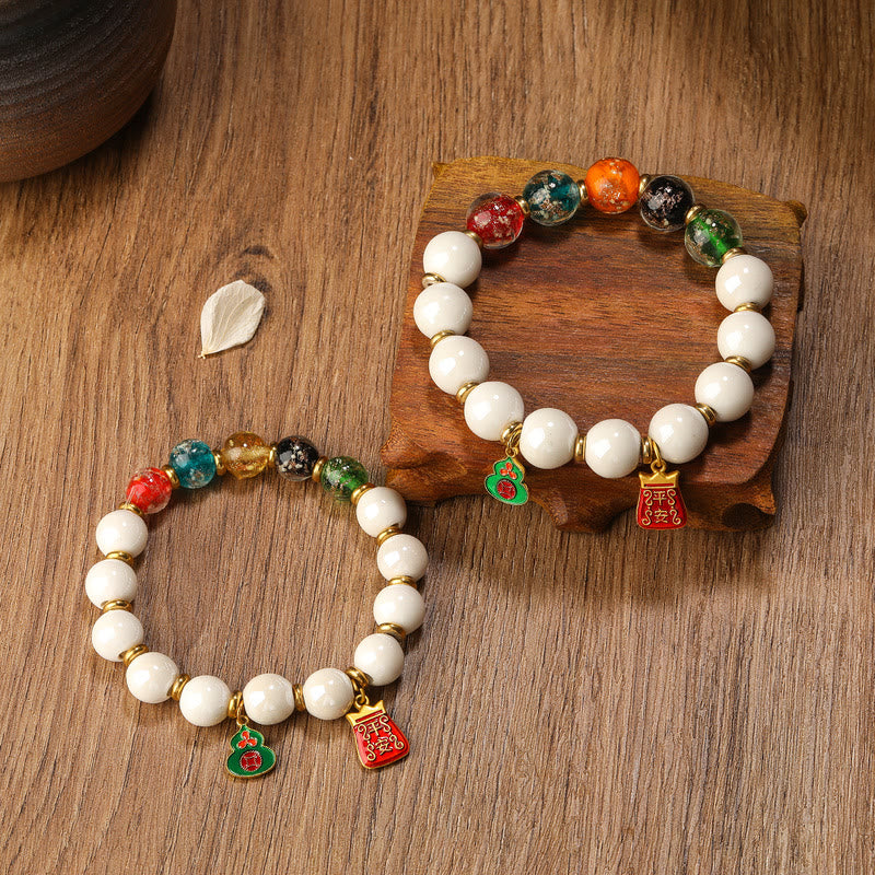Fortune Jewel Tibetan Incense Ash Porcelain Luminous Fluorescent Liuli Glass Bead Gourd Copper Coin Charm Peace Bracelet