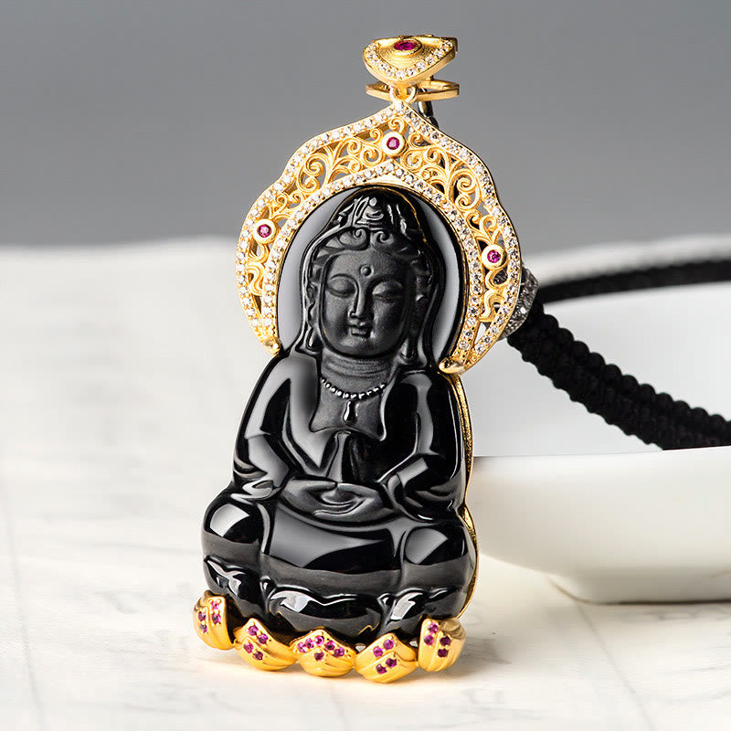 Fortune Jewel Natural Black Jade Kwan Yin Avalokitesvara Wealth Titanium Steel Chain Necklace Pendant Fortune Jewel