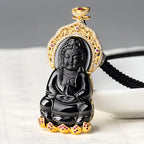 Fortune Jewel Natural Black Jade Kwan Yin Avalokitesvara Wealth Titanium Steel Chain Necklace Pendant Fortune Jewel
