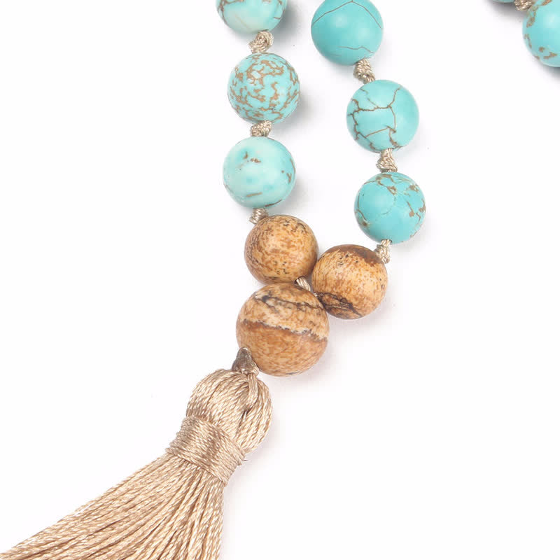 Fortune Jewel 108 Mala Beads Turquoise Picture Jasper Wisdom Tassel Bracelet