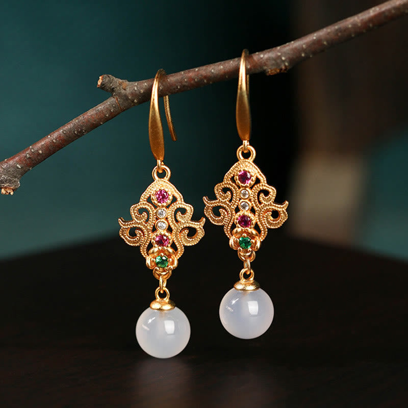 Fortune Jewel 24K Gold Plated Round Chalcedony Positive Dangle Drop Earrings
