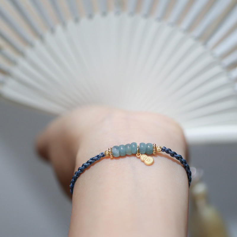 Fortune Jewel 925 Sterling Silver Natural Jade Gourd Rutilated Quartz Fu Character Luck Braid Bracelet