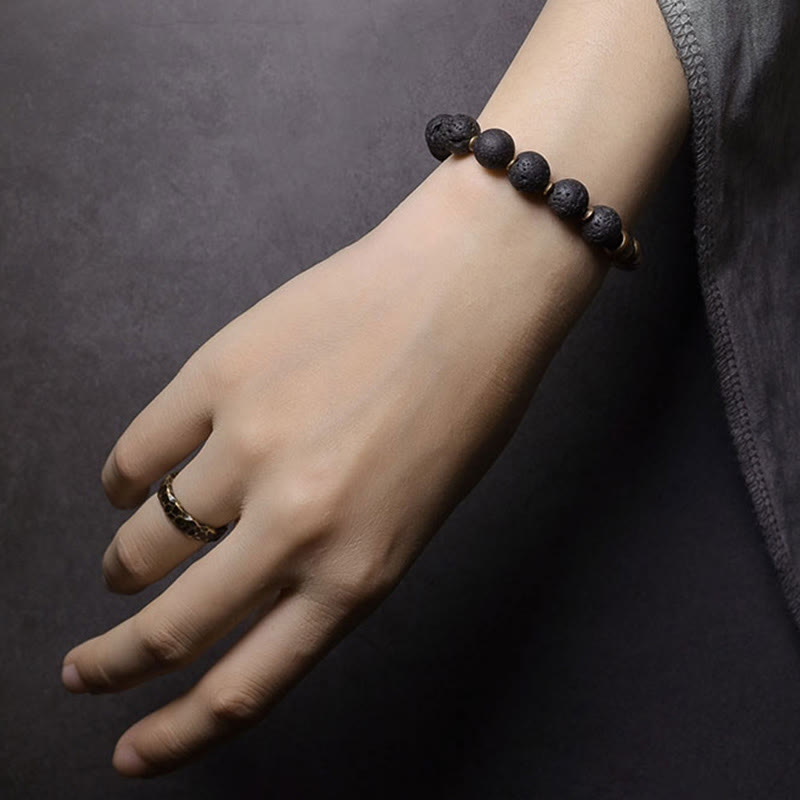 Fortune Jewel Lava Rock Stone Rainbow Obsidian Brass Support Healing Bracelet