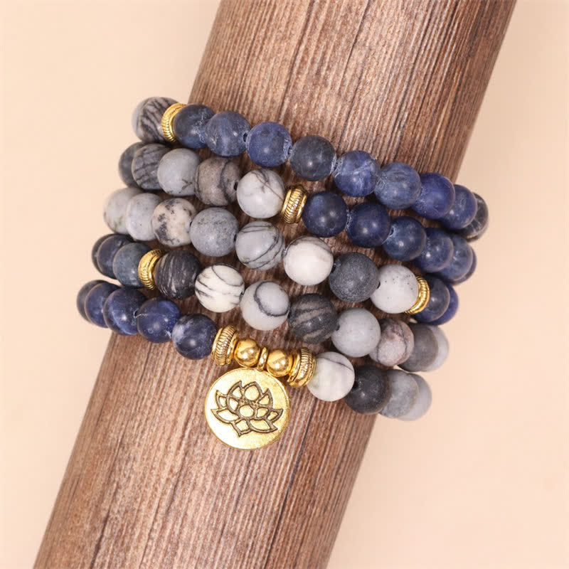 Fortune Jewel 108 Mala Beads Sodalite Zebra Jasper Crystal Lotus Strength Bracelet