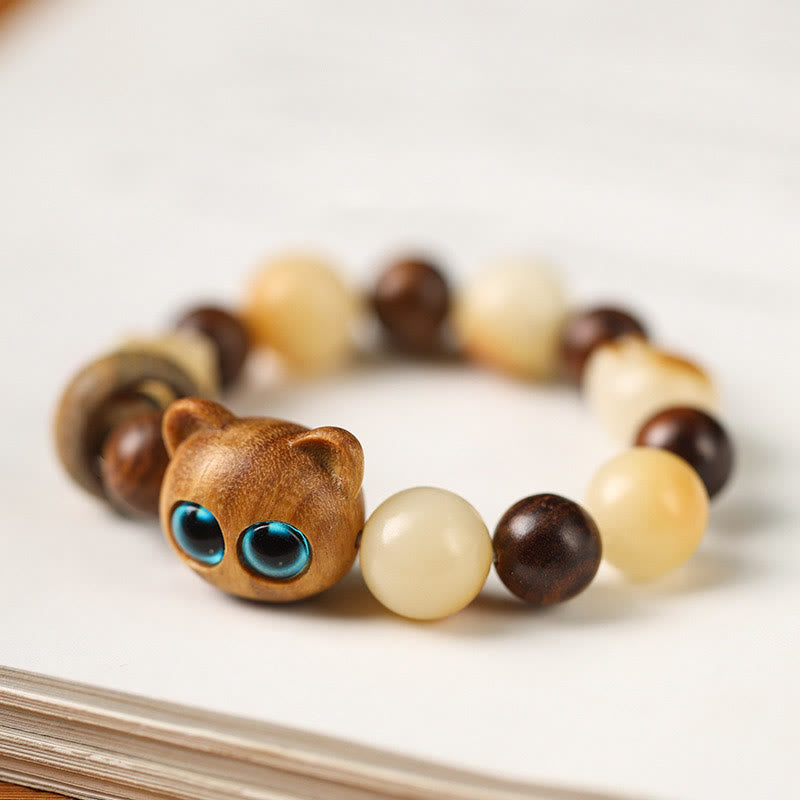 Fortune Jewel Natural Bodhi Seed Sandalwood Lucky Cute Cat Head Paw Claw Peace Bracelet
