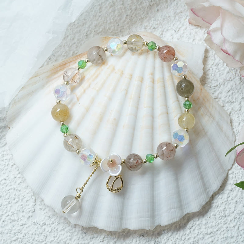Fortune Jewel Strawberry Quartz Rutilated Quartz Fluorite Flower Healing Bracelet
