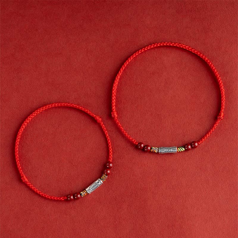 Fortune Jewel 925 Sterling Silver Koi Fish Cinnabar Bead Wealth Handcrafted Braided Bracelet Anklet