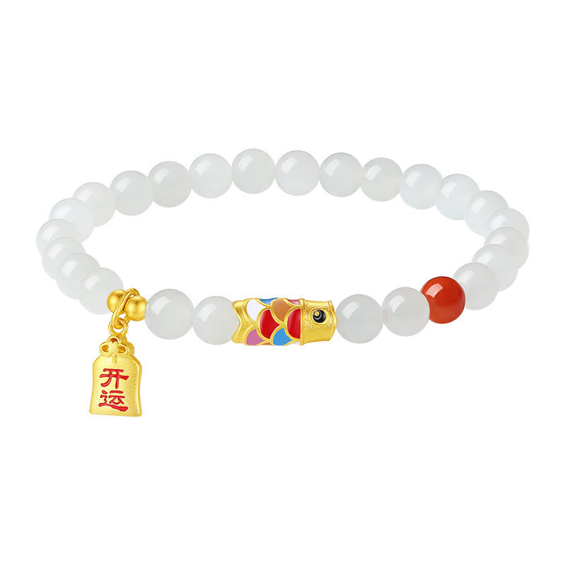 Fortune Jewel 925 Sterling Silver Hetian White Jade Red Agate Koi Fish Luck Happiness Bracelet
