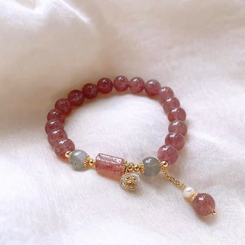 Fortune Jewel Natural Strawberry Quartz Zircon Flower Positive Charm Bracelet