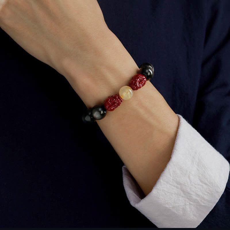 Fortune Jewel Gold Sheen Obsidian PiXiu Cinnabar Om Mani Padme Hum Protection Bracelet