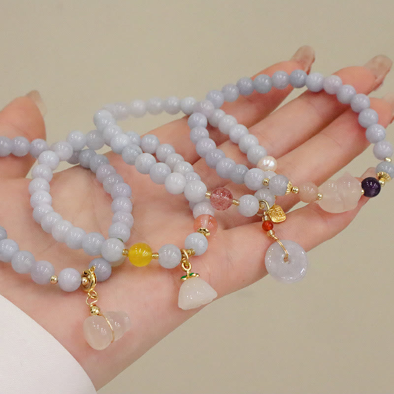 Fortune Jewel Natural Aquamarine Chalcedony Serenity Rabbit Gourd Cat Charm Bracelet