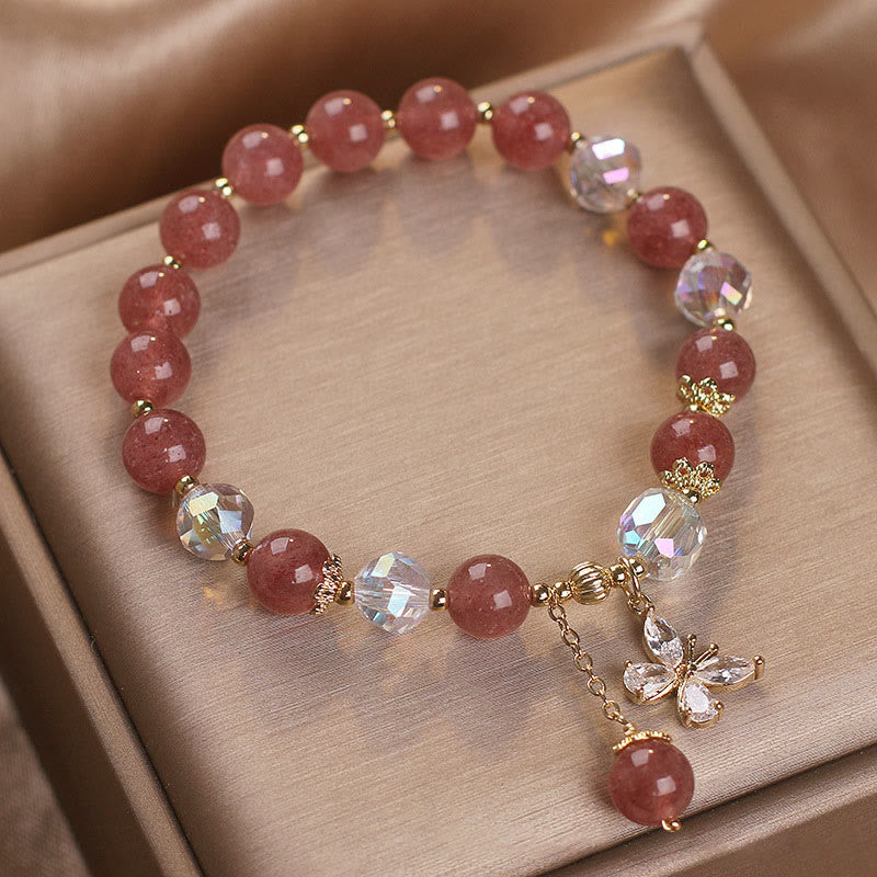 Fortune Jewel Natural Strawberry Quartz Love Healing Butterfly Charm Bracelet