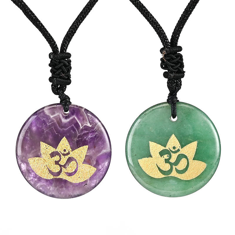 Fortune Jewel OM Lotus Symbol Various Crystal Amethyst Tiger Eye Healing Necklace Pendant