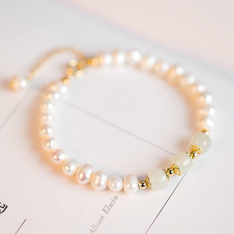 Fortune Jewel 14K Gold Plated Natural Pearl Hetian Cyan Jade White Jade Sincerity Bead Chain Bracelet