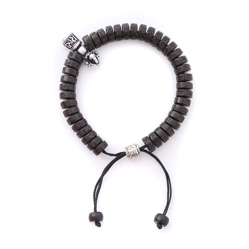 Fortune Jewel Tibet Coconut Shell Carved Om Mani Padme Hum Dorje Vajra Bell Happiness String Bracelet