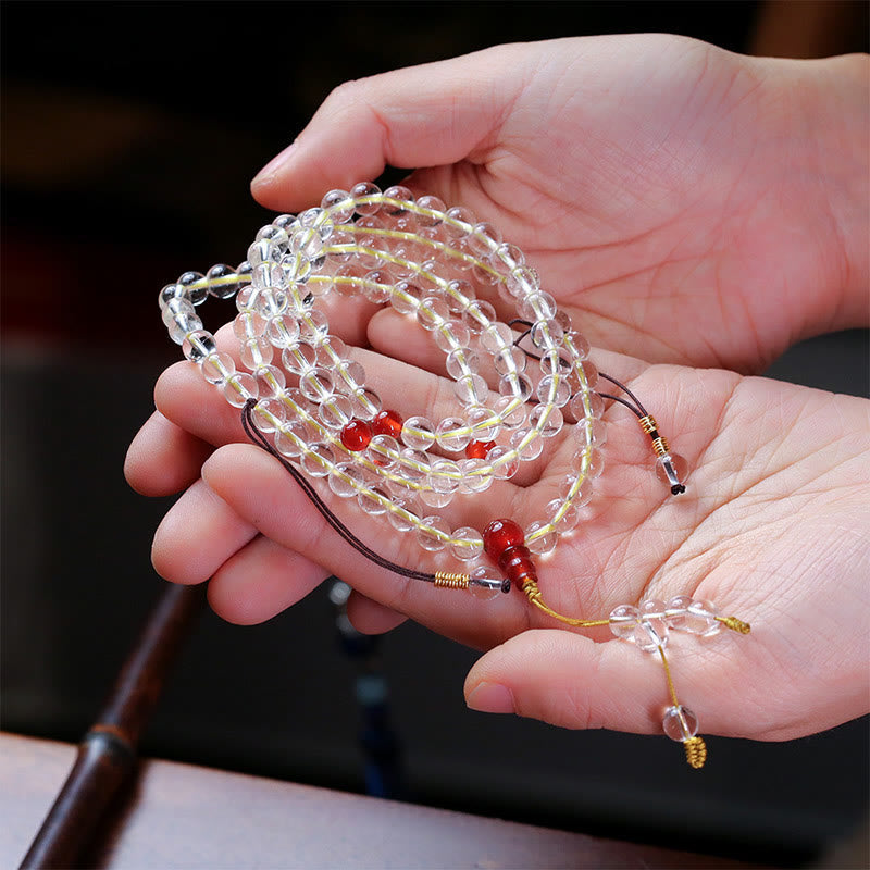 Fortune Jewel 108 Mala Beads 925 Sterling Silver Natural White Agate Red Agate Quadruple Wrap Protection Bracelet