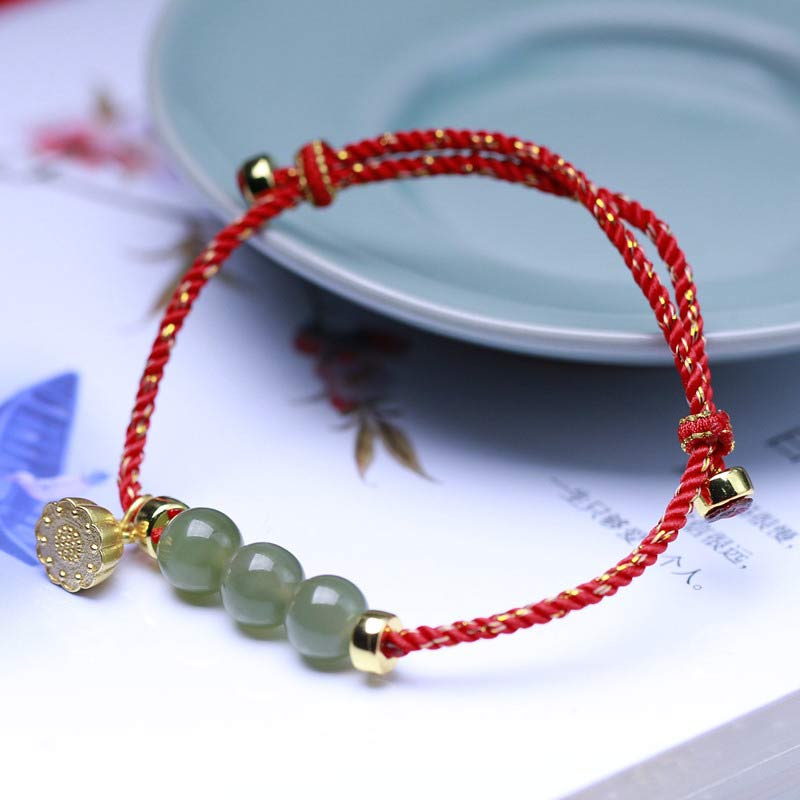 Fortune Jewel Natural Jade Lotus Seed Strength Red String Weave Bracelet
