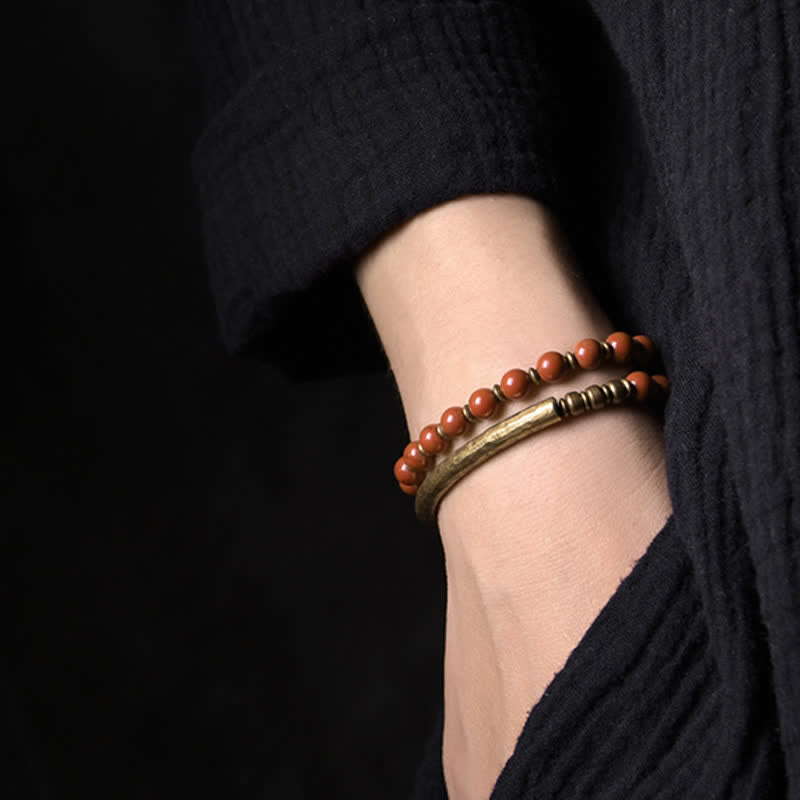 Fortune Jewel Red Jasper Moss Agate Black Obsidian Crystal Copper Peace Couple Bracelet