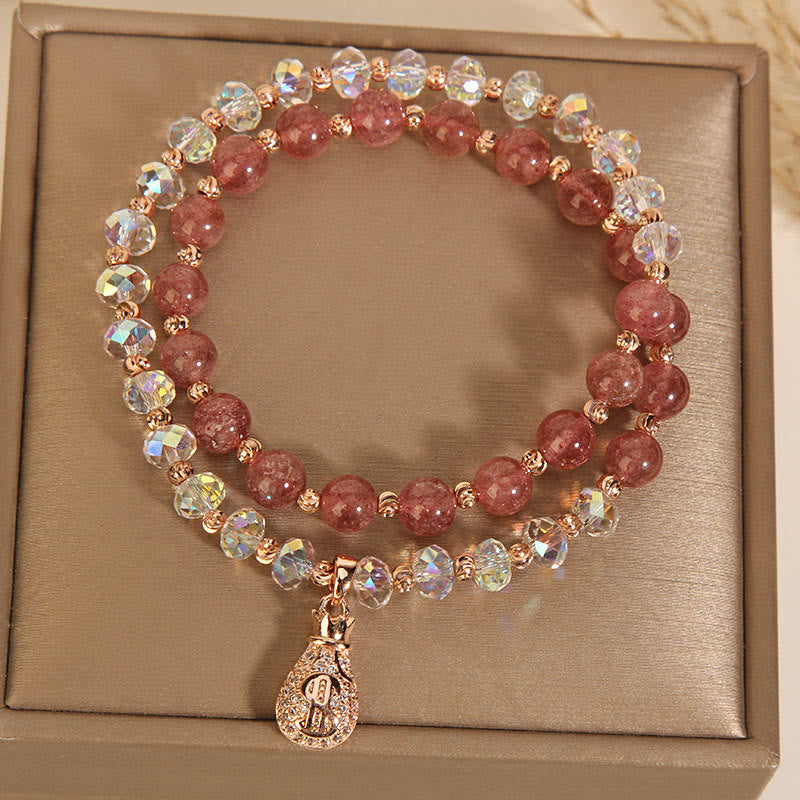 Fortune Jewel Strawberry Quartz White Crystal Money Bag Charm Positive Bracelet