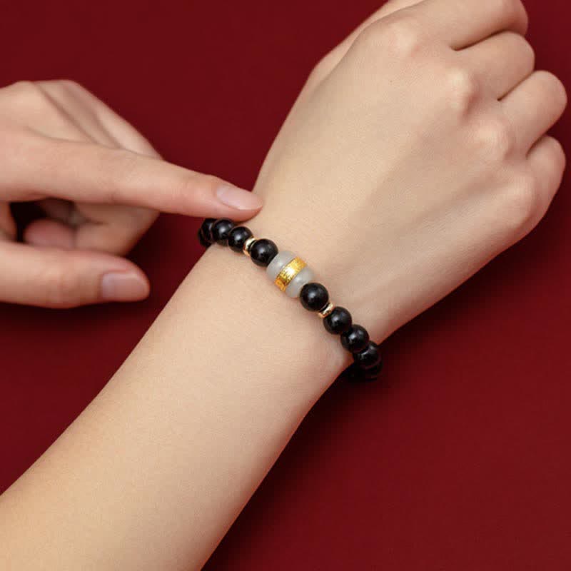 Fortune Jewel Black Obsidian Jade Om Mani Padme Hum Strength Couple Magnetic Bracelet