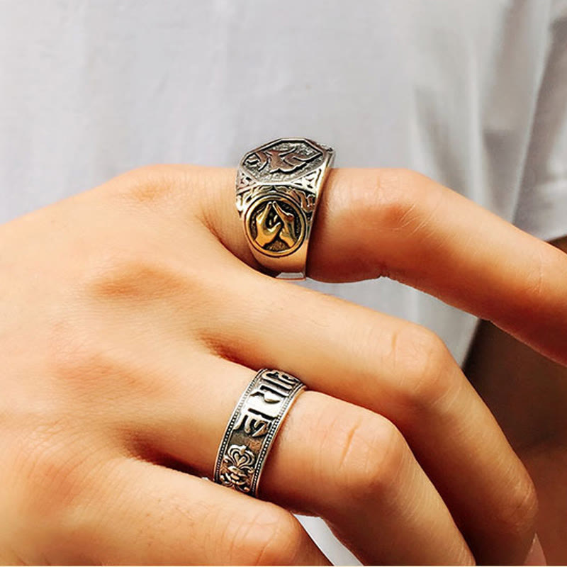 Fortune Jewel 925 Sterling Silver Sanskrit Design Carved Protection Adjustable Ring