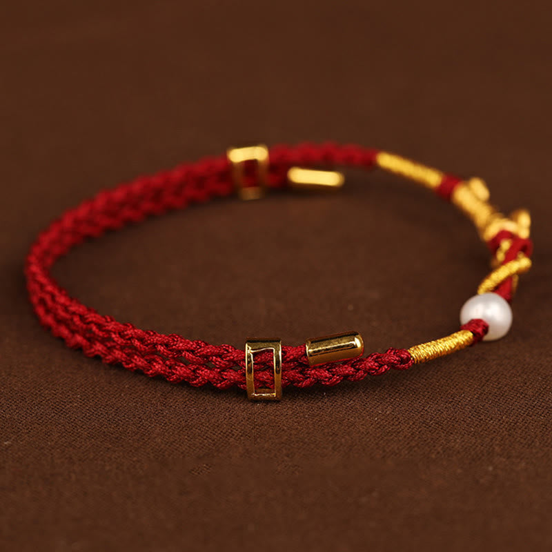 Fortune Jewel 24K Gold Wish Ruyi Handle Fu Character Rabbit Pearl Luck Braided Bracelet