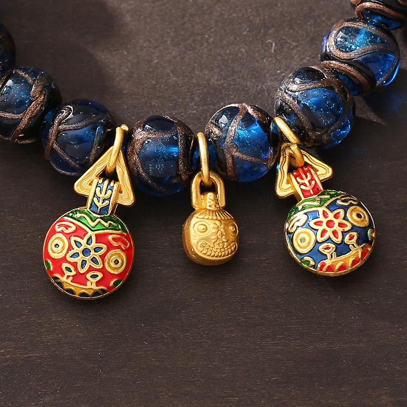 Fortune Jewel Gold Swallowing Beast Luck Charm Blue Liuli Glass Bead Fortune Bracelet