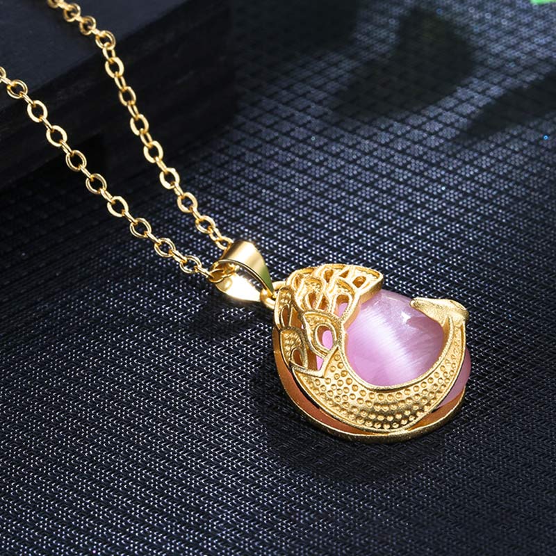 Fortune Jewel Pink Crystal Green Chalcedony Peacock Copper Soothing Love Necklace Pendant