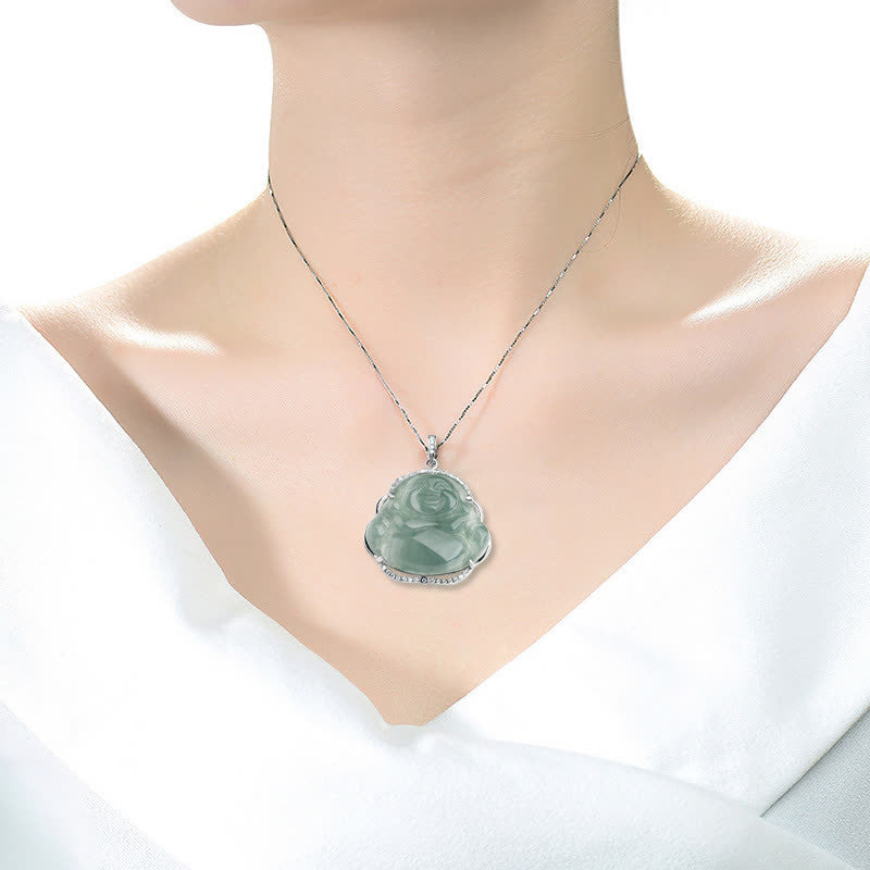Fortune Jewel Laughing Buddha Natural Jade Luck Necklace Titanium Steel Chain Pendant Fortune Jewel