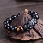 Fortune Jewel Natural Black Obsidian PiXiu Tiger's Eye Strength Bracelet