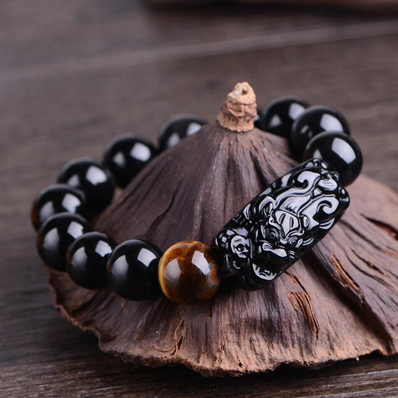 Fortune Jewel Natural Black Obsidian PiXiu Tiger's Eye Strength Bracelet