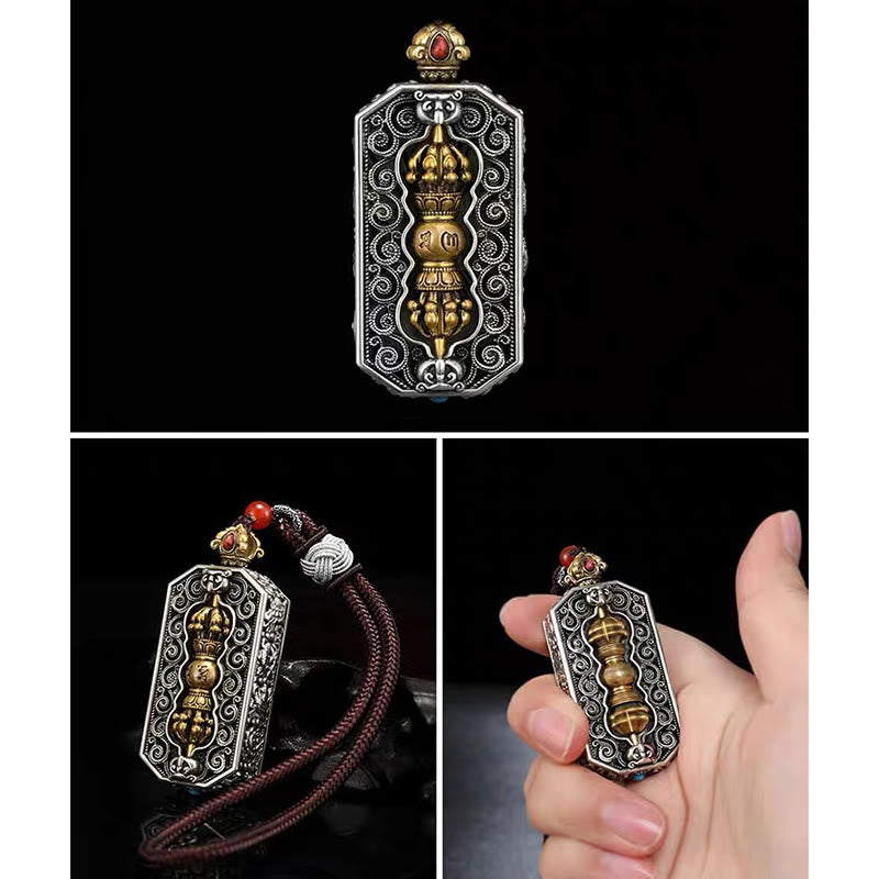 Fortune Jewel Tibetan Om Mani Padme Hum Carved Dorje Vajra Rotatable Lotus Pattern Purity Rope Necklace Pendant