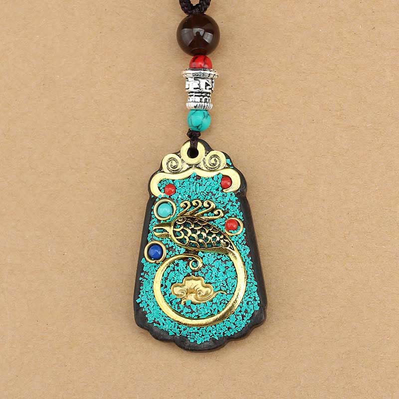 Fortune Jewel Tibet God Of Wealth Money Tree Golden Phoenix Thangka Ebony Peace Necklace Pendant
