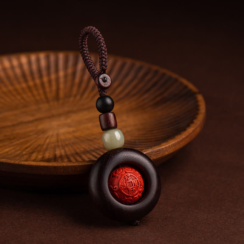 Fortune Jewel Tibet Om Mani Padme Hum PiXiu Copper Coin Small Leaf Red Sandalwood Cinnabar Protection Key Chain