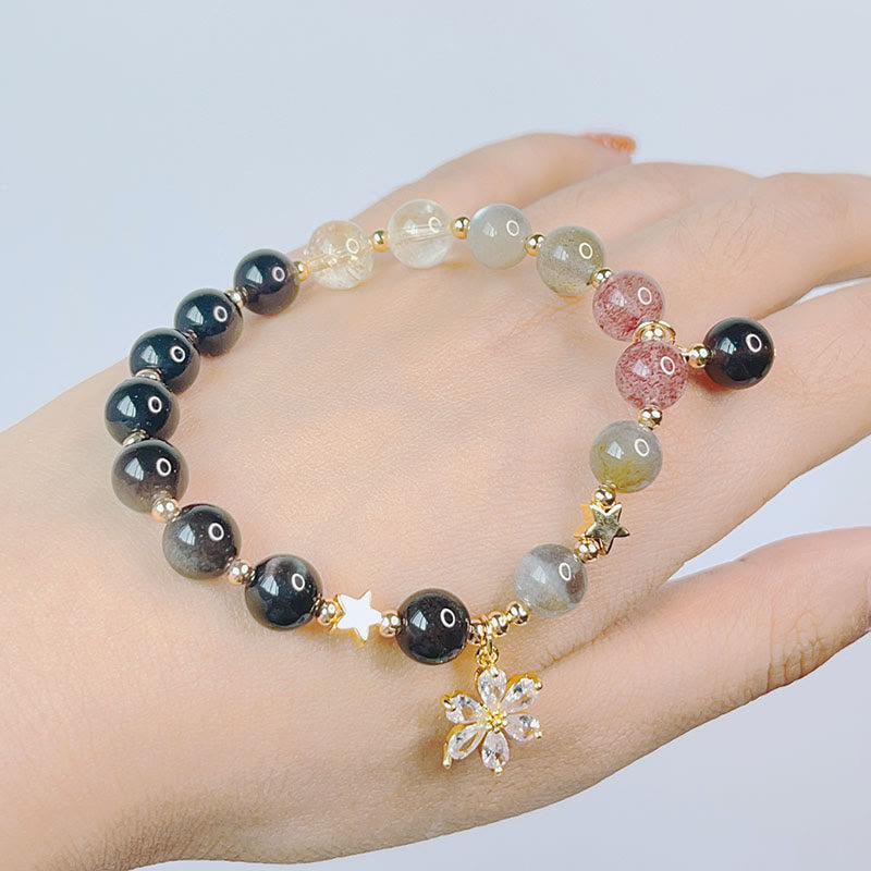 Fortune Jewel Natural Silver Sheen Obsidian Love Heart Star Flower Protection Bracelet