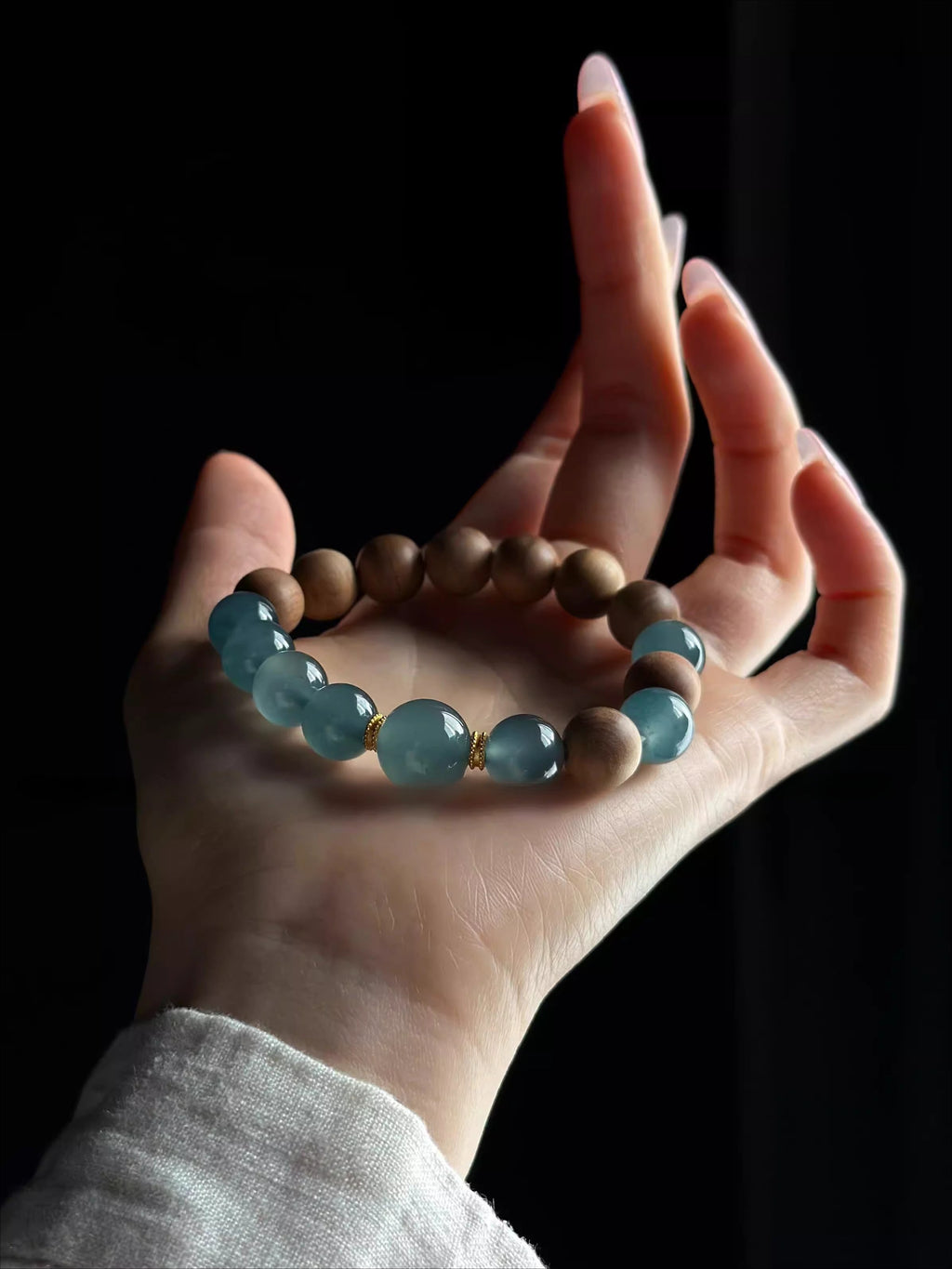 Natural Blue Water Jadeite Bracelet with 10mm Beads & Indian Old Sandalwood – Single Wrap, Unisex
