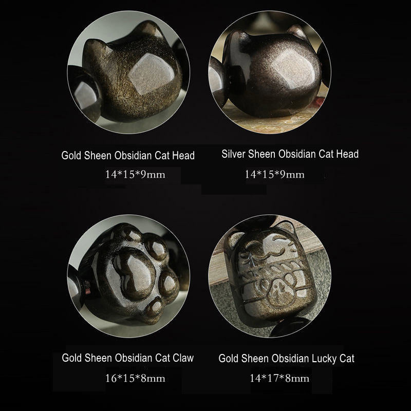 Fortune Jewel Gold Sheen Obsidian Silver Sheen Obsidian Lovely Paw Lucky Cat Protection Bracelet