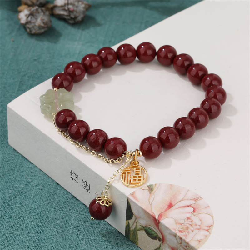 Fortune Jewel Cinnabar Fu Character Hetian Jade Lucky Four Leaf Clover Blessing Bracelet