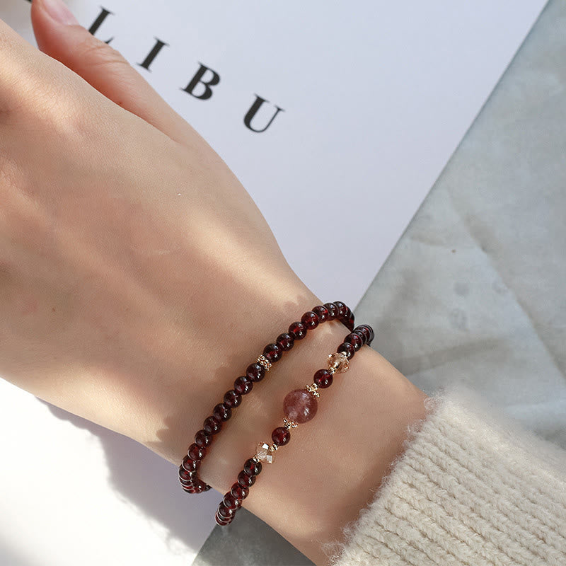 Fortune Jewel 14K Gold Plated Natural Garnet Strawberry Quartz Stability Double Wrap Bracelet